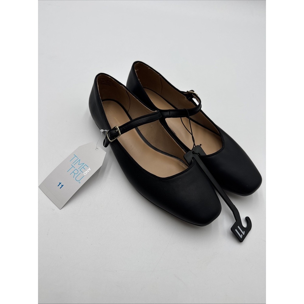 Time and Tru Mary Jane Flats Women's Size US 11 Black Faux Leather Strap Buckle
